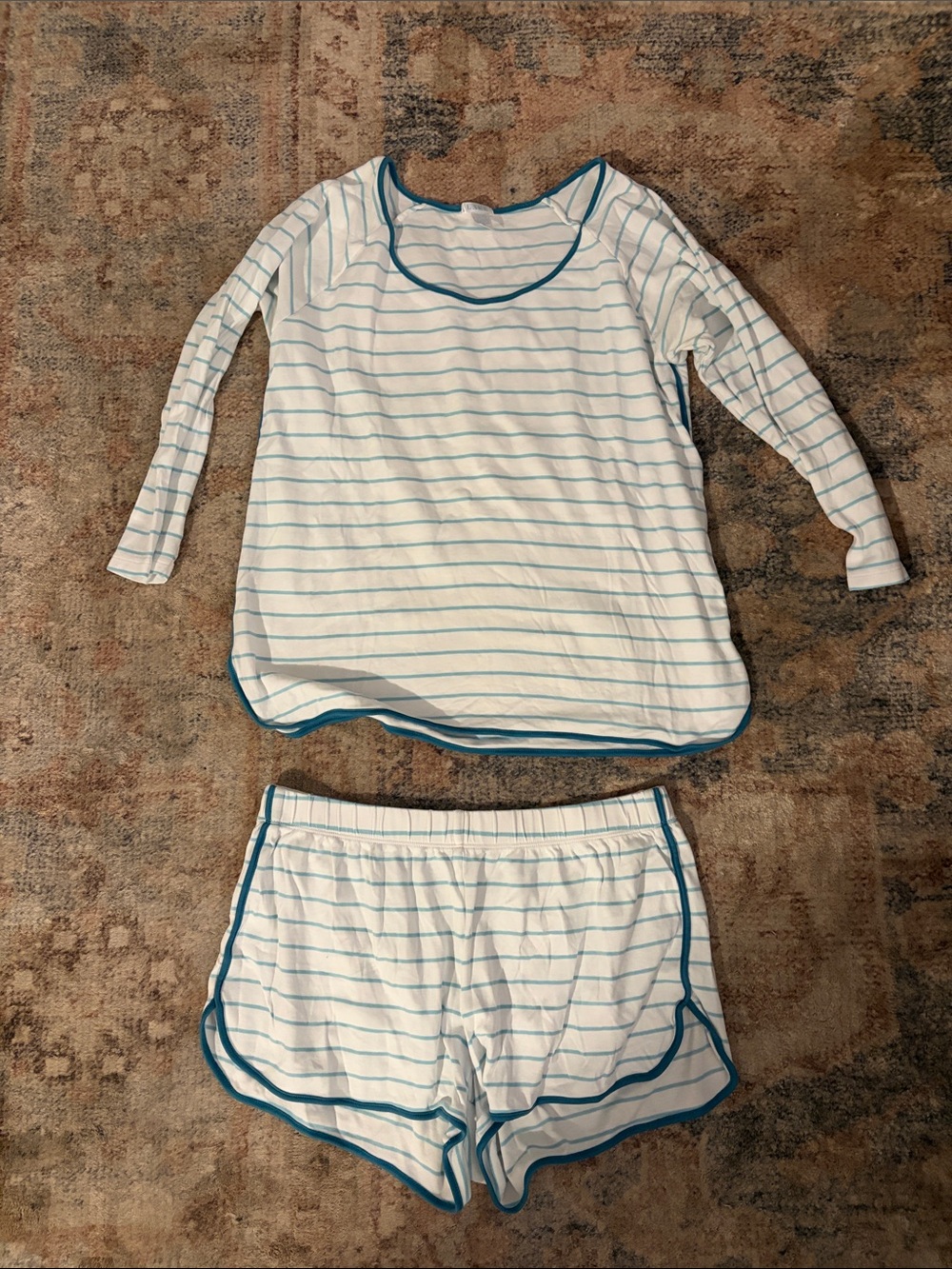 Women’s White and Teal Striped Pajama Set - Lightweight Two-Piece Sleepwear